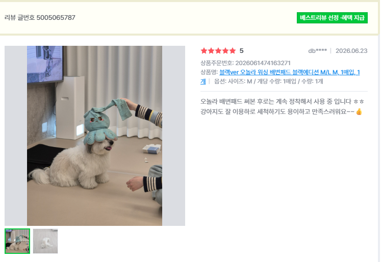 오놀라 워싱배변패드 고객 리뷰 캡처