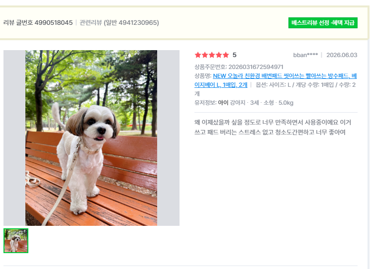 오놀라 워싱배변패드 고객 리뷰 캡처