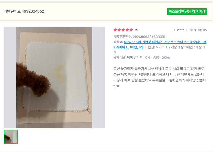 오놀라 워싱배변패드 고객 리뷰 캡처