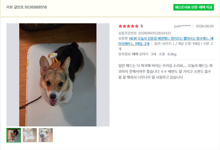 오놀라 워싱배변패드 고객 리뷰 캡처